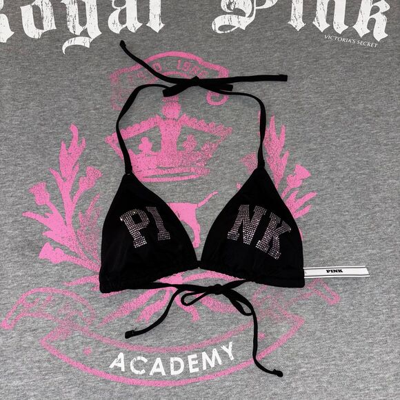 VS PINK Rhinestone Light Pink Diamanté Shine Bling Black String Bikini Top S-DD - Picture 6 of 11